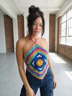 Festival Boho Rainbow Unicorn Crochet Halter Top